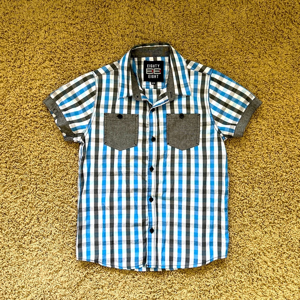 Plaid Button Down Short Sleeved Shirt, Fits Size 10/12 or L